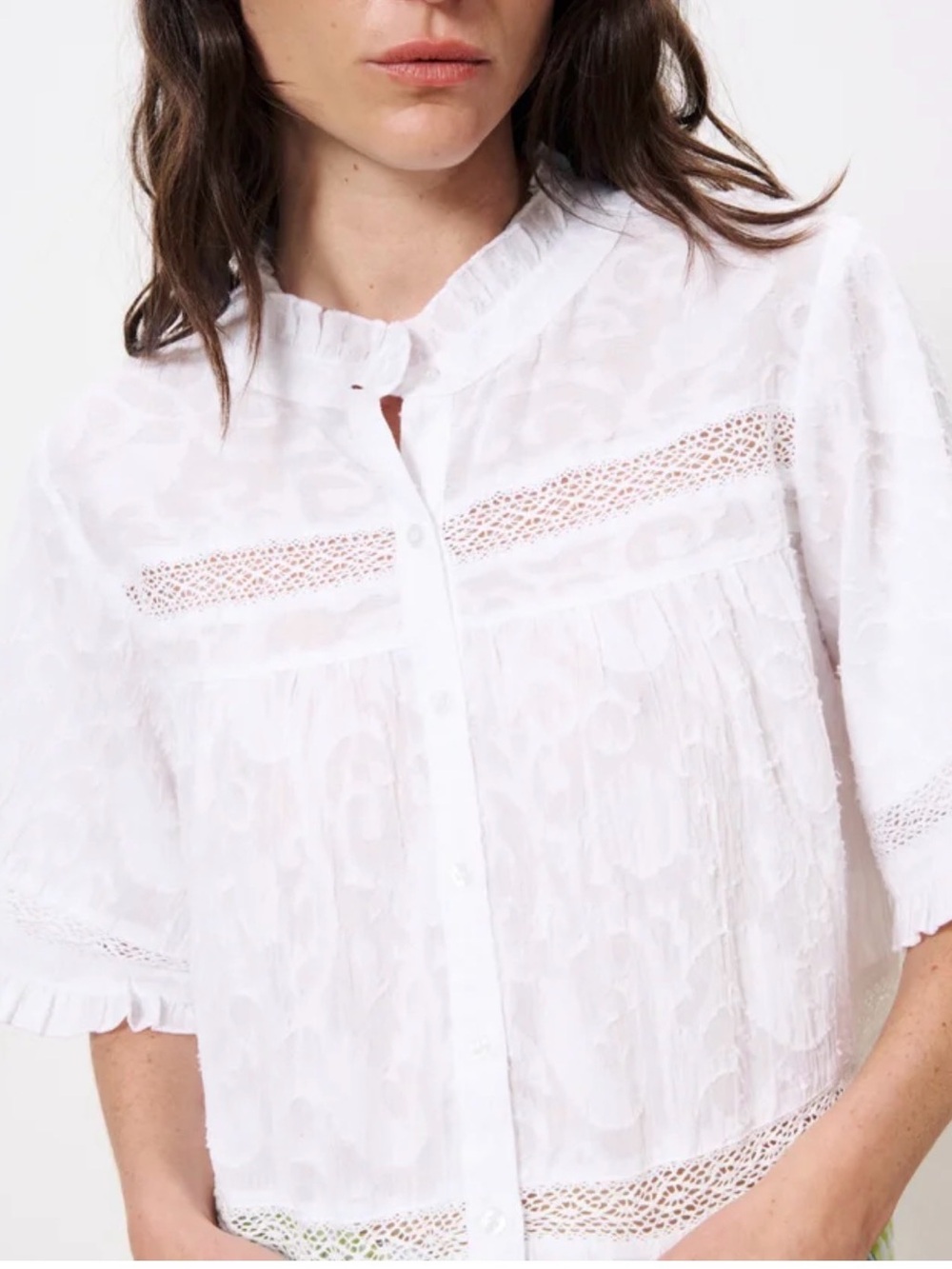 White Lace-Trim Button Front Blouse